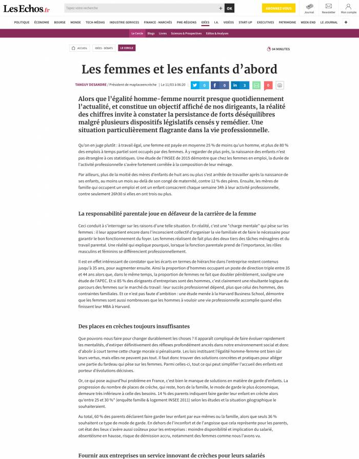 Les femmes et les enfants d'abord! - Tribune publiée dans Les Echos
