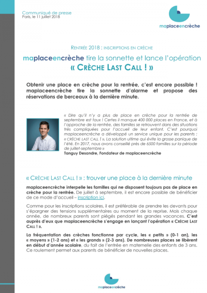 Communiqué de presse sur le service Crèche Last Call