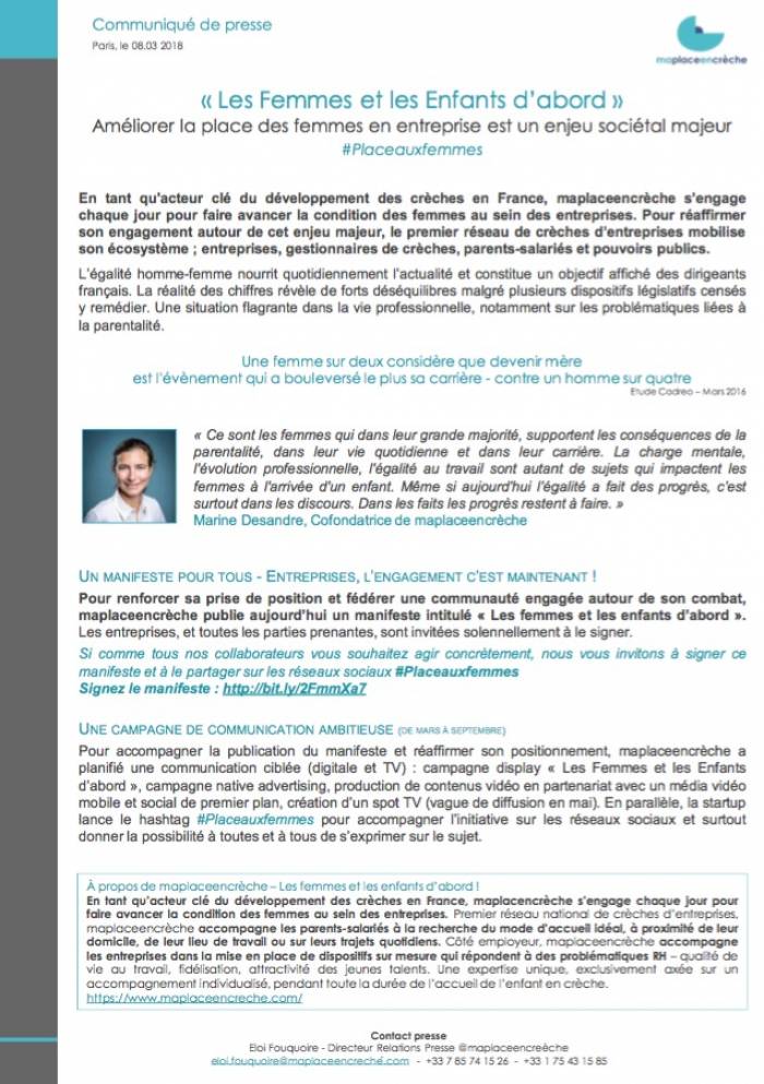 Communiqué de presse pour accompagner la publication du manifeste et réaffirmer son positionnement, maplaceencrèche a planifié une communication ciblée